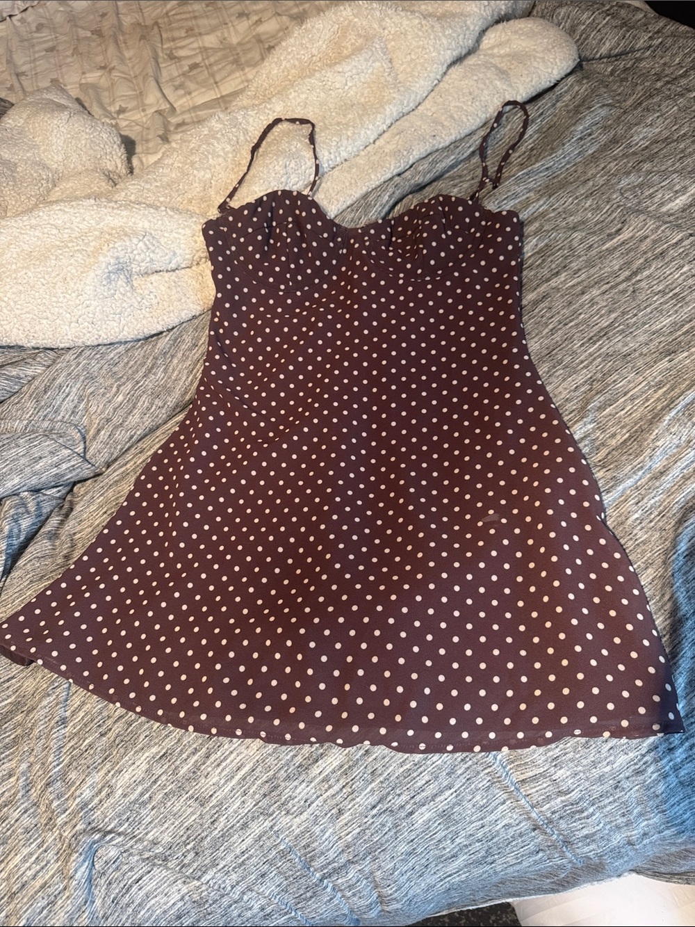 White Fox Boutique Brown Polka Dot Spaghetti Strap Mini Dress